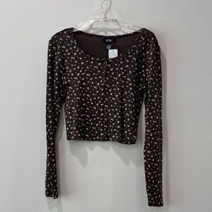 Just Polly Brown Floral Crop Top Henley Long Sleeve Shirt